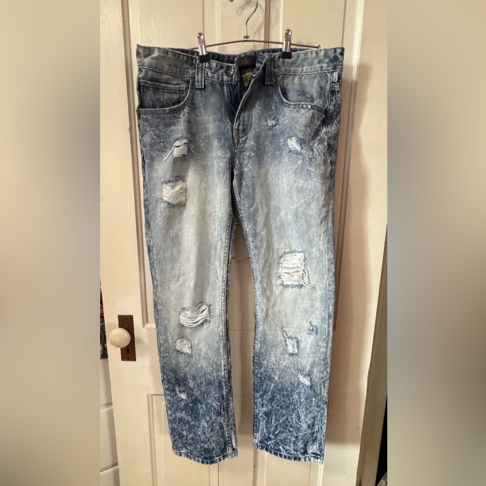 Men's Slim Straight Distressed Washed Blue Jeans